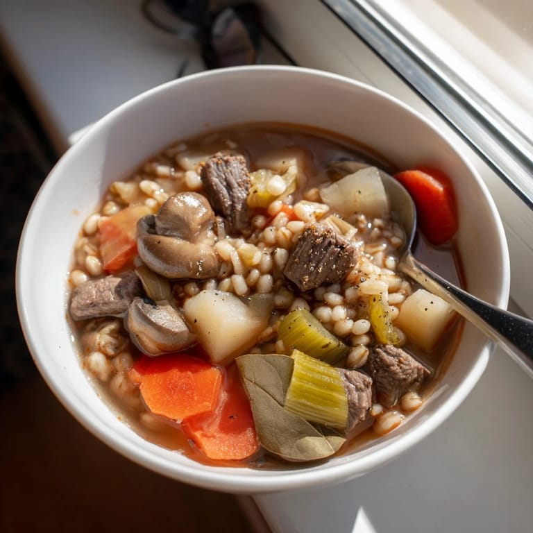 Close-up on a rustic bowl of Vegetable Beef, Barley, and Mushroom Soup, garnished with fresh parsley and served with crusty bread for dipping.