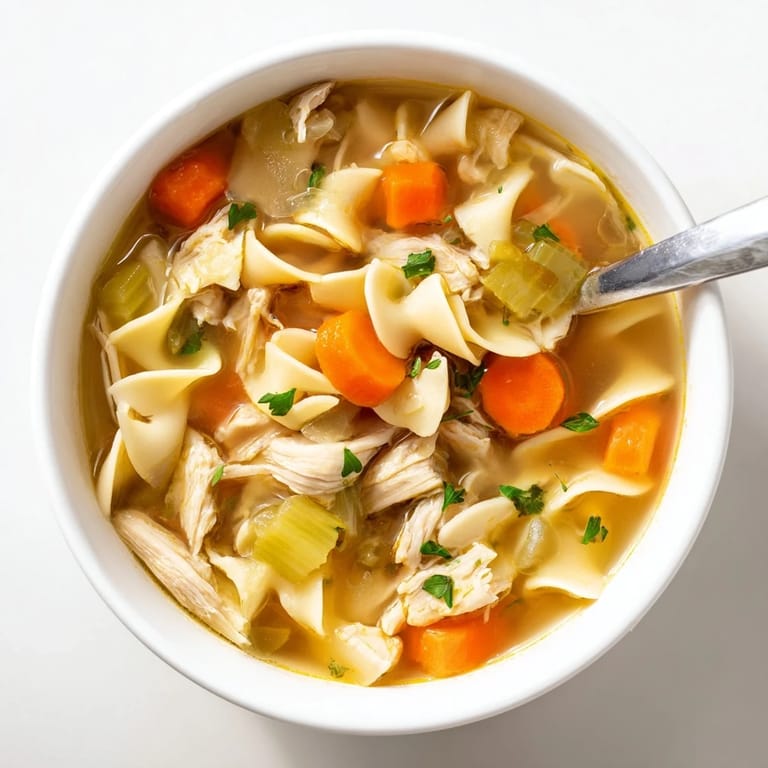 Homemade Instant Pot Chicken Noodle Soup featuring hearty vegetables, juicy chicken, and wide noodles in a clear, golden broth.