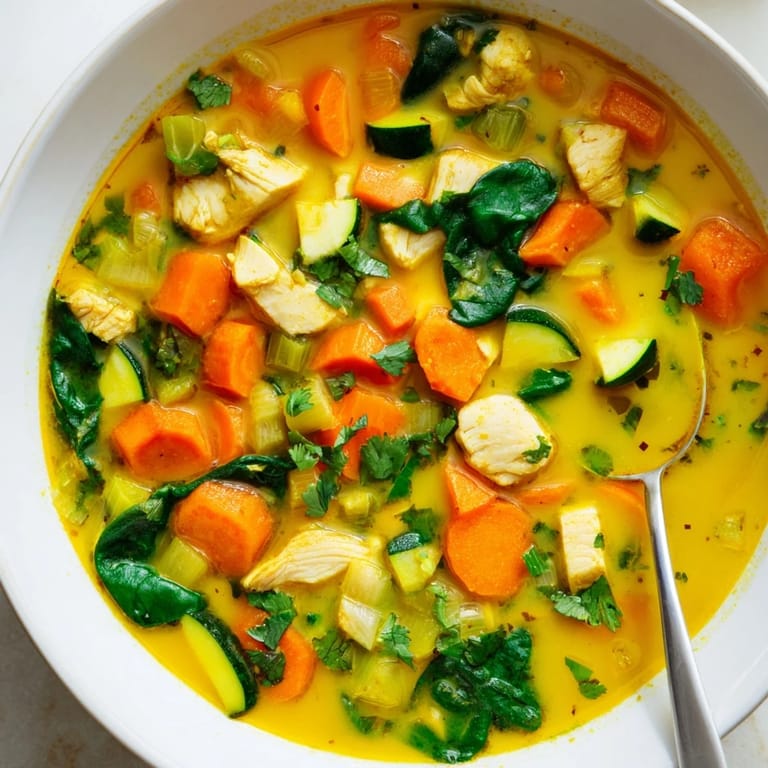 Vibrant yellow Turmeric Chicken Soup simmering in a pot, garnished with herbs and lemon wedges.