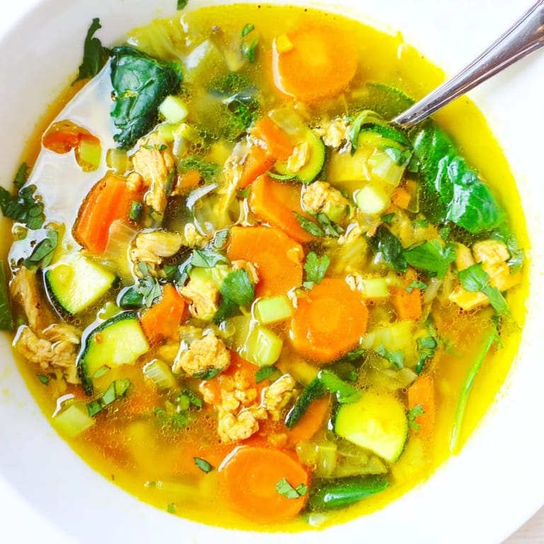 Healing Turmeric Chicken Soup served in a rustic bowl, featuring carrots, spinach, and fresh ginger.