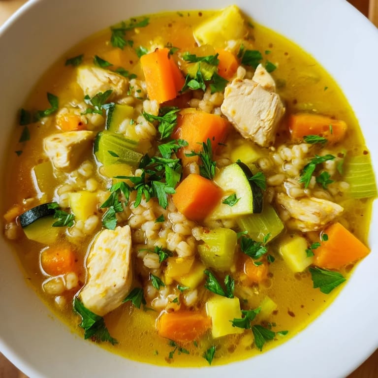 Hearty Soothing Turmeric Chicken With Pearl Barley soup in a white ceramic bowl, with lemon wedges and a crusty bread slice nearby.