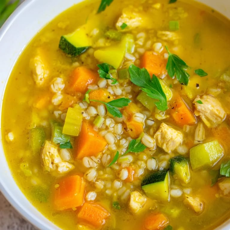 Close-up of tender chicken and pearl barley in a golden, savory broth for Soothing Turmeric Chicken With Pearl Barley soup.