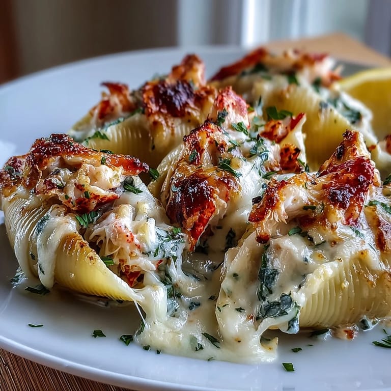 Appetizing Creamy Seafood Stuffed Shells served on a white plate with a side salad, perfect for an elegant Italian-American dinner.