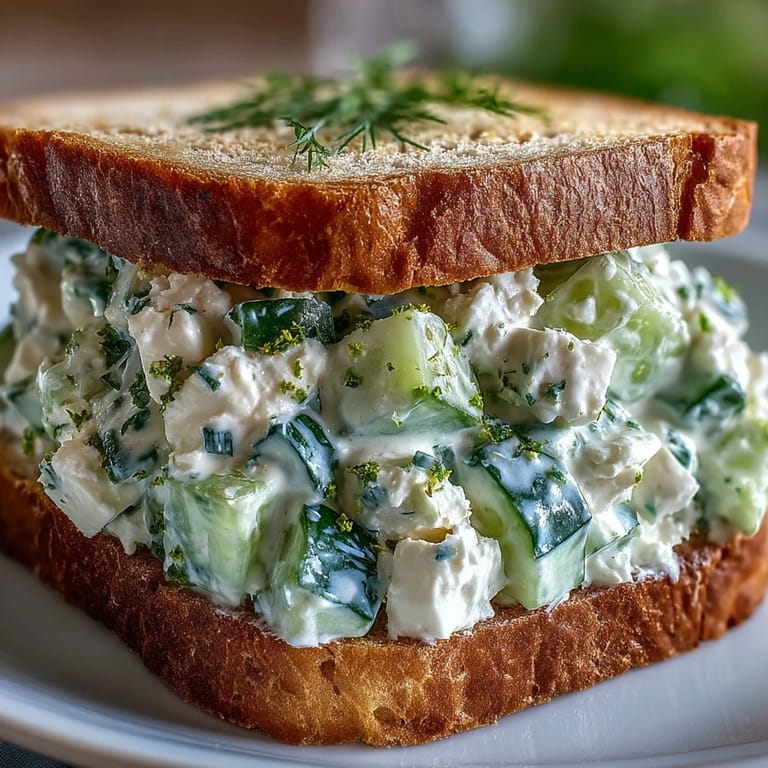 Easy Cucumber Salad Sandwiches stacked high, layered with crisp English cucumber slices, feta, and alfalfa sprouts on whole grain bread.