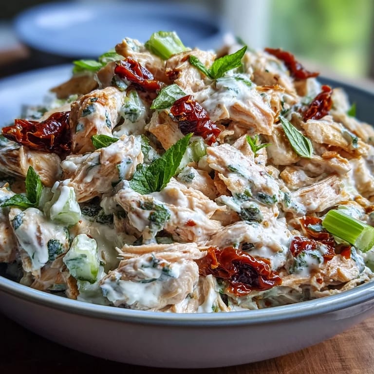 Creamy basil-garlic dressed chicken salad with sun-dried tomatoes on a whole-grain sandwich, ideal for a protein-packed lunch.