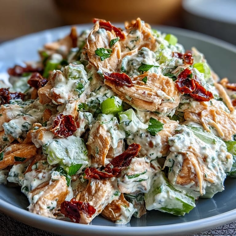 Colorful bowl of shredded chicken salad featuring sun-dried tomatoes and crunchy veggies, served with crackers for a quick meal.