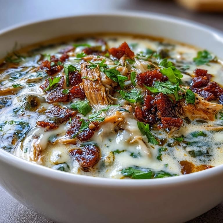 A close-up of Spicy Jalapeño Popper Chicken Soup showing tender chicken shreds and melted cheddar cheese in a rich broth.