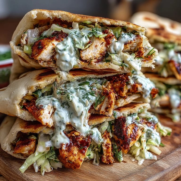 Tender cumin-spiced chicken tucked in warm pita with creamy dill-flecked slaw, sliced cucumber, and ripe tomatoes.