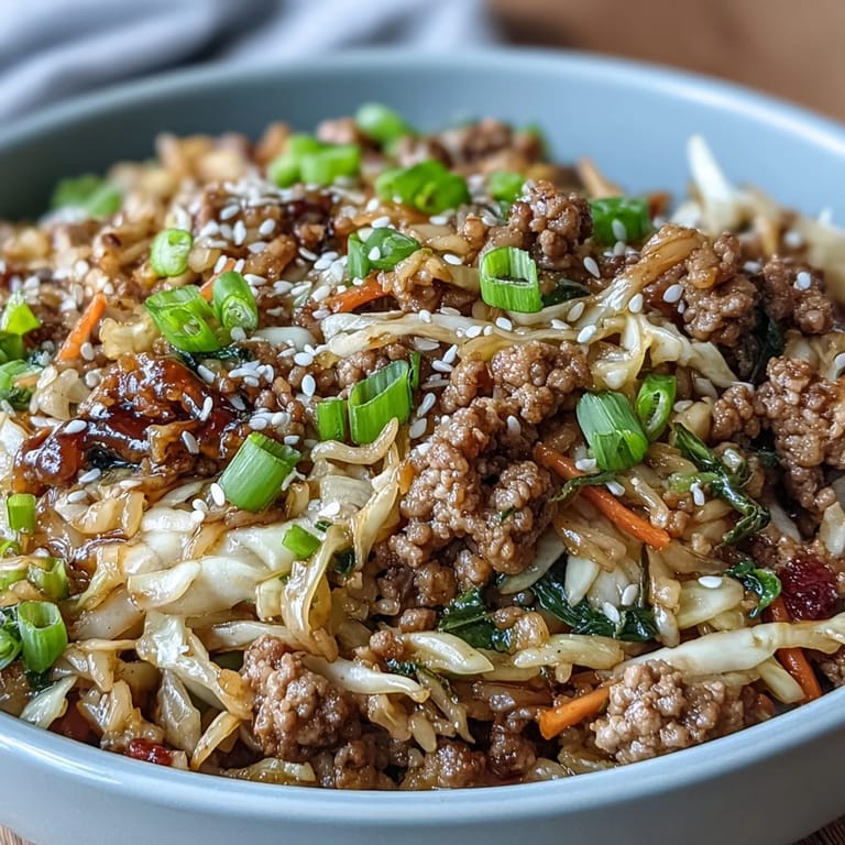 One-pan Egg Roll in a Bowl, featuring seasoned ground meat and quick-cooked vegetables.