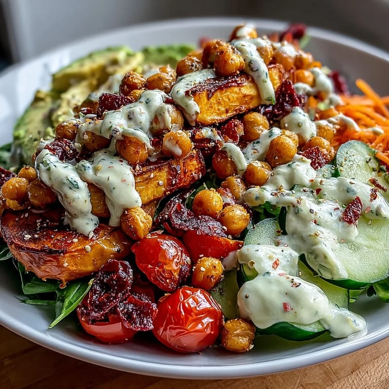 Colorful Breakfast Buddha Bowl loaded with fresh vegetables and crispy chickpeas.