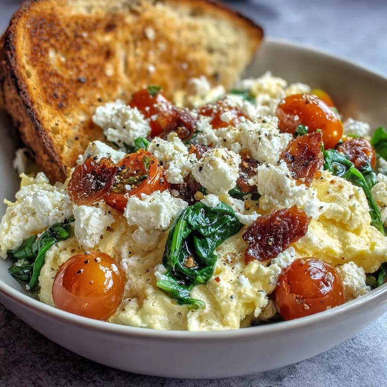 Hearty, healthy spinach and feta breakfast bowl, perfect with toasted bread.