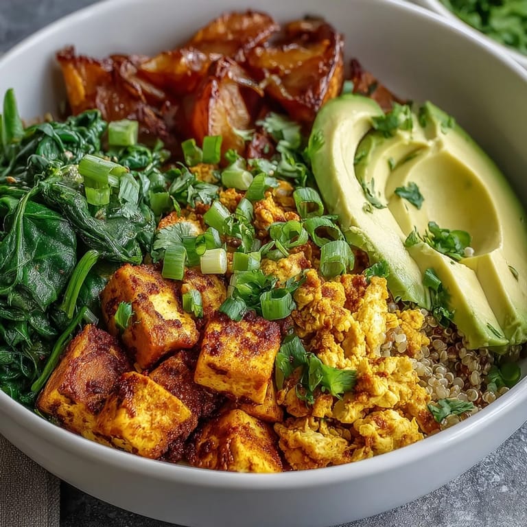 A vibrant, protein-packed Tofu Scramble Vegan Breakfast Bowl garnished with herbs and spices for flavor.