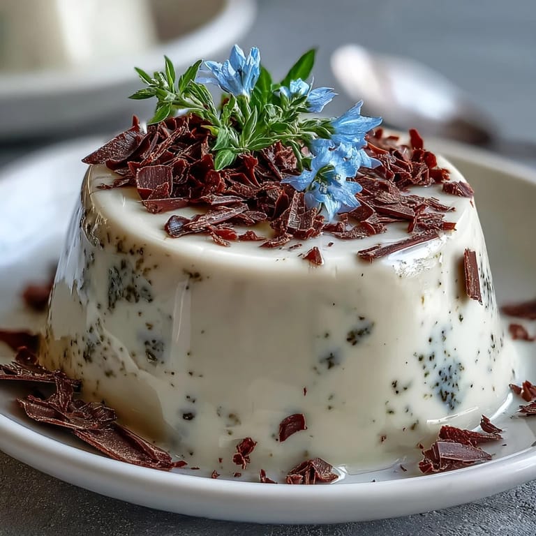 Homemade Hojicha Panna Cotta unmolded onto a plate, garnished with edible flowers for a beautiful presentation.