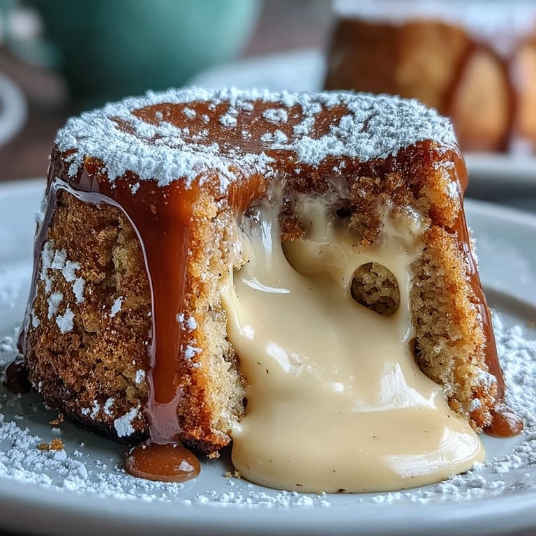 Decadent individual Hojicha White Chocolate Lava Cake served with whipped cream, showcasing a rich molten white chocolate and roasted green tea filling.