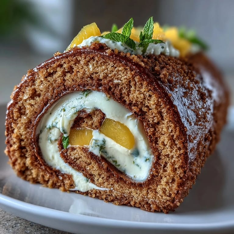A freshly sliced Hojicha Roll Cake reveals layers of sponge, hojicha cream, and mango filling on a marble counter.