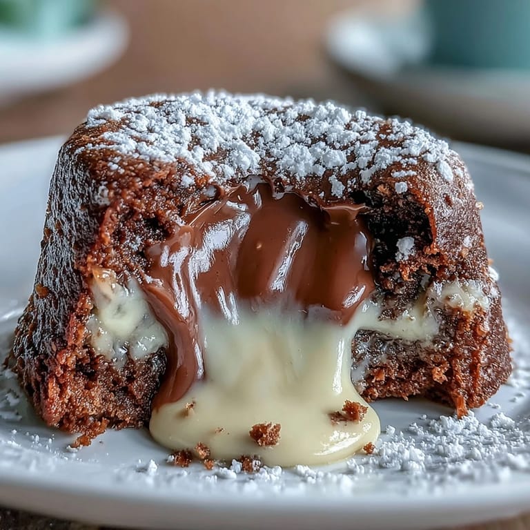Golden-brown Hojicha Lava Cakes resting in ramekins, dusted with cocoa powder and ready to be served immediately.  