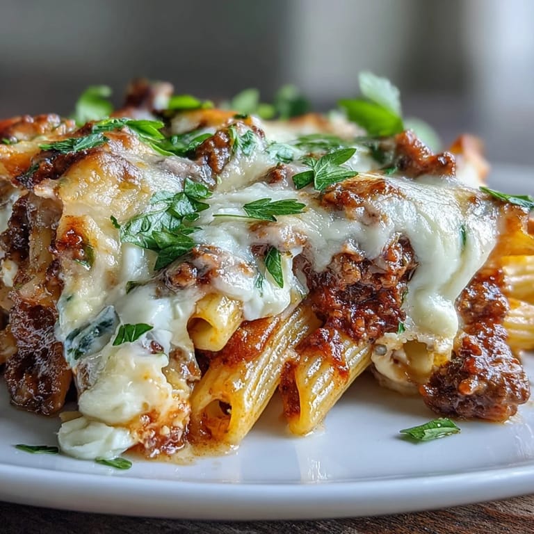 Fork twirls al dente pasta from a cheesy slice of Cottage Cheese Protein Pasta Bake garnished with fresh parsley.