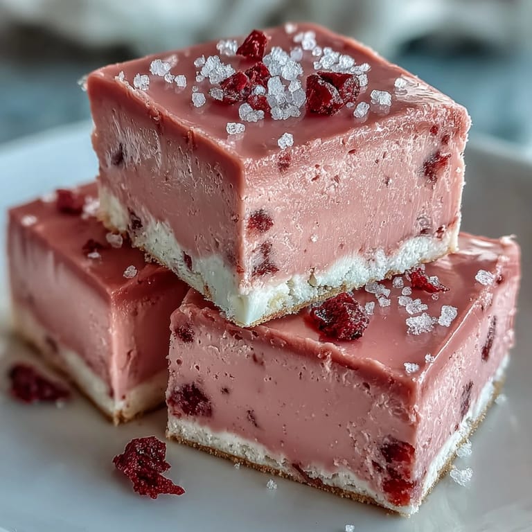 Vibrant pink No-Bake Strawberry Fudge Squares stacked high with extra freeze-dried strawberry pieces.