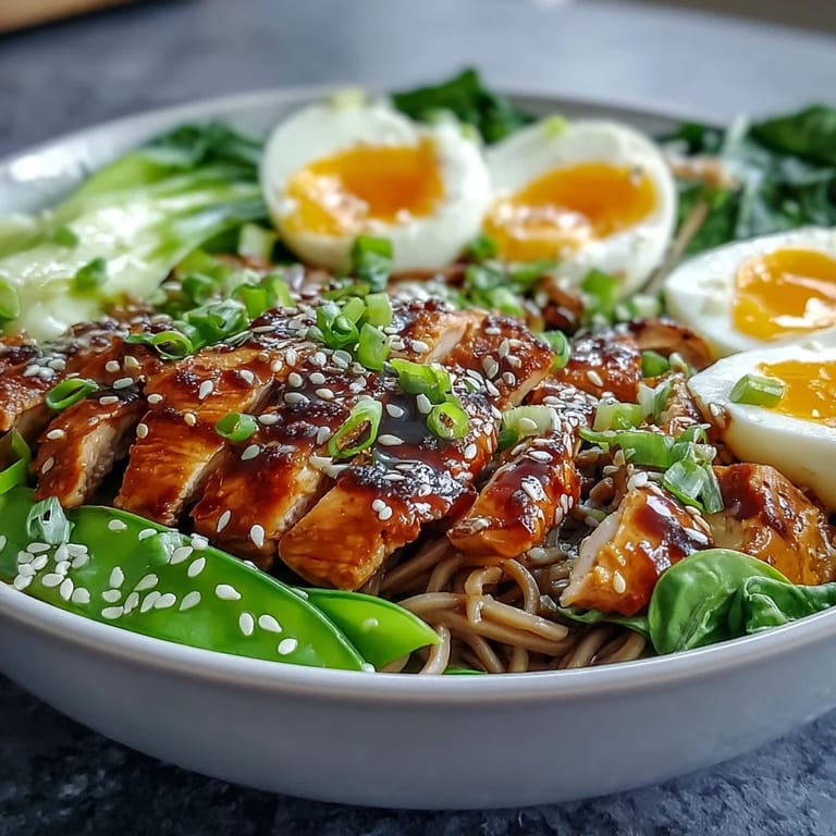 Healthy Miso Chicken Noodle Bowls with soba noodles and colorful vegetables served on a wooden table.