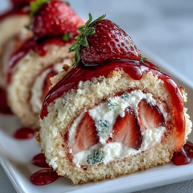 Golden crepes wrap airy sponge cake and fresh strawberries in this delicate dessert sushi.