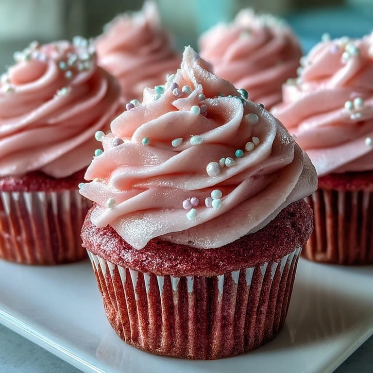 Frosted pink velvet cupcakes with swirls of vanilla buttercream, served on a marble countertop with a vintage cake stand.