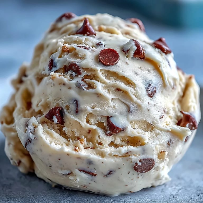 Freshly mixed Greek Yogurt Cookie Dough in a glass bowl, garnished with a vanilla bean and chocolate chips.