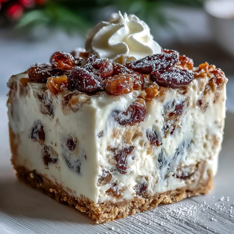 A slice of Christmas Cheesecake Slab reveals a creamy, spiced filling with dried fruit and a crunchy biscuit crust. 