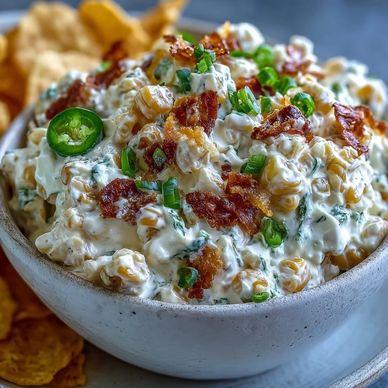 Hot Crack Corn Dip bubbling in a baking dish, golden cheddar and jalapeño topping.