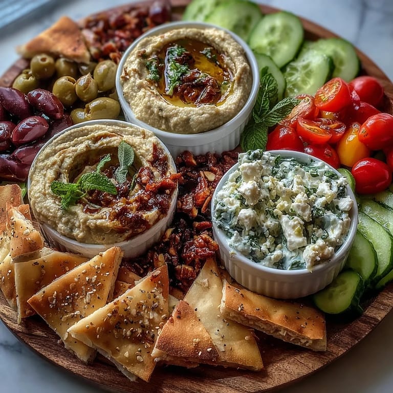 An overhead view of a Mediterranean brunch board with vibrant dips, fresh cucumbers, tomatoes, and warm pita bread for dipping.