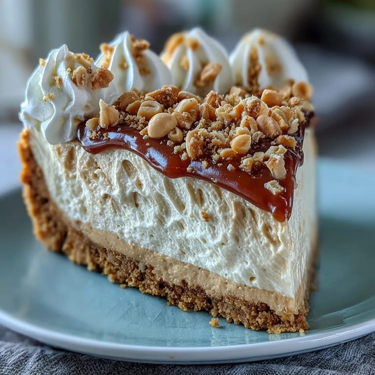 A whole Nutter Butter Cheesecake sits beside a slice on a plate, showcasing the smooth filling and crumbly base, ready to serve.