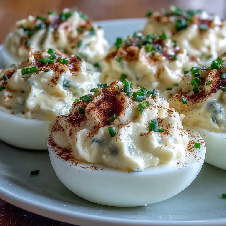 Freshly prepared Million Dollar Deviled Eggs arranged on a white platter, garnished with vibrant green chives for a colorful touch.
