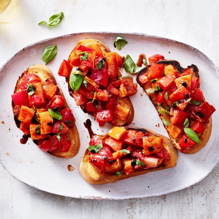 Delicious fire-roasted tomato and pepper bruschetta, perfect for summer gatherings.