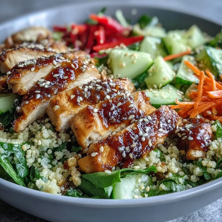 A close-up of vibrant Sesame Ginger Chicken Couscous Bowls featuring fluffy pearl couscous, fresh herbs, and juicy chicken drizzled with tangy Asian-Mediterranean dressing.