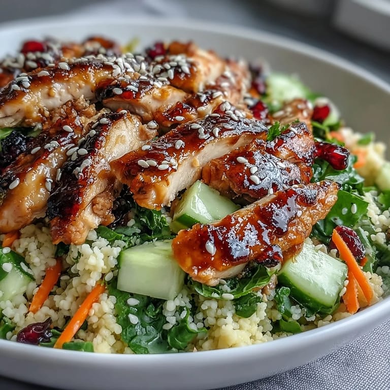 A freshly prepared serving of Sesame Ginger Chicken Couscous Bowls arranged with colorful vegetables and herbs, ideal for an easy weeknight dinner.