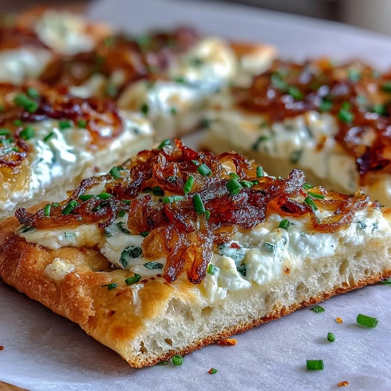 A warm slice of Goat Cheese & Caramelized Onion Flatbread revealing creamy cheese and rich, sweet onions on a wooden serving board.