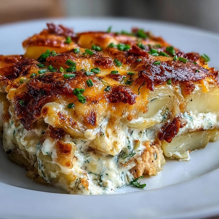 A comforting, family-style Creamy Ranch Chicken Potato Bake served hot with fresh parsley garnish.