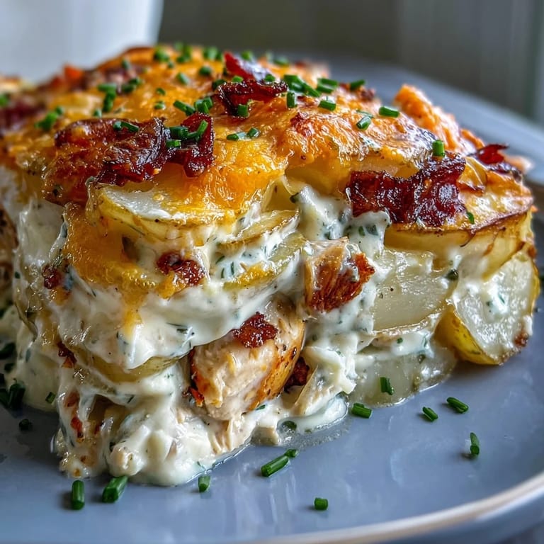Golden bubbling cheese topping on a creamy ranch chicken and potato casserole ready to serve.