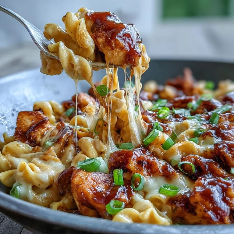 Golden chicken bites coated in sticky honey BBQ sauce folded into cheesy pasta, garnished with fresh parsley.