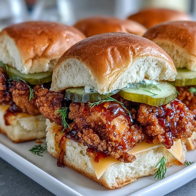 A close-up shows toasted sesame buns, saucy chicken tenders, dill pickles, and melted cheese in this irresistible Spicy Honey Butter Chicken Sandwich Bake.