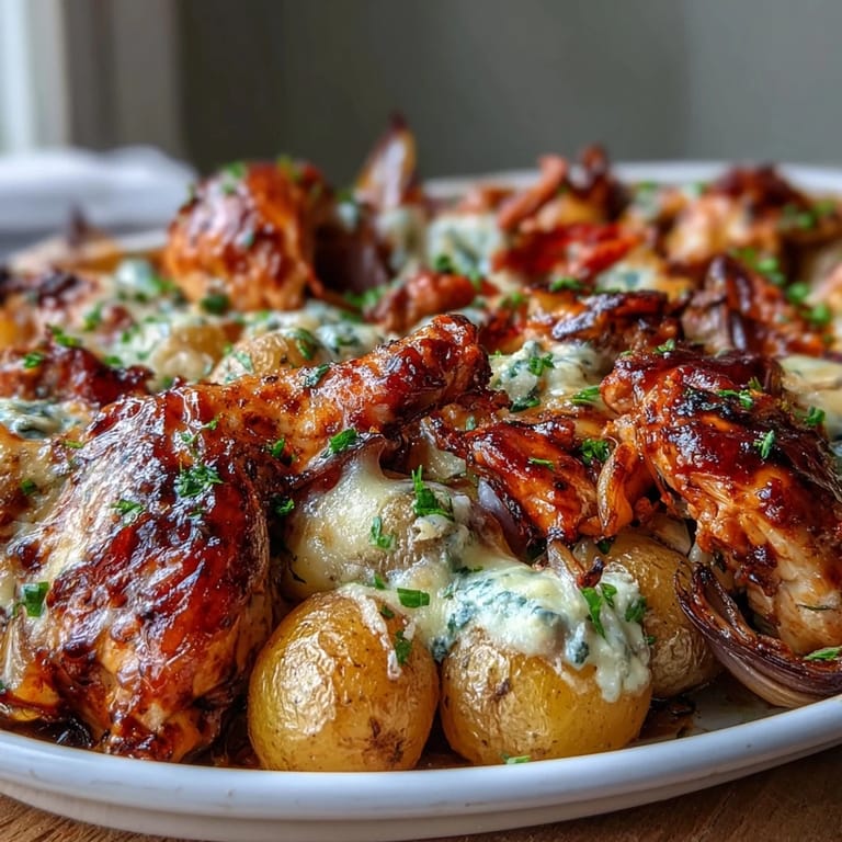 Tender chicken breasts and diced red bell peppers roast alongside halved baby potatoes in a savory Buffalo ranch blend.