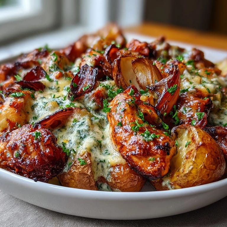Plated Buffalo Ranch Chicken Potato Bake topped with melted cheddar cheese, chopped chives, and a drizzle of cool ranch.