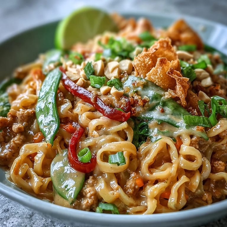 Close-up of Creamy Thai-Inspired Peanut Noodle Bowls highlighting glossy peanut sauce over noodles, crispy potsticker edges, and a garnish of fresh herbs.