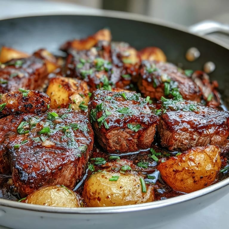 Juicy steak cubes and crispy potatoes tossed in garlic butter, finished with fresh parsley, ready to serve for a hearty meal.
