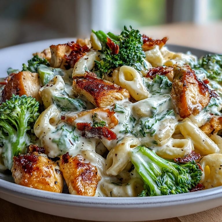 A skillet of Garlic Parmesan Broccoli & Chicken Pasta features bright green broccoli and golden chicken.