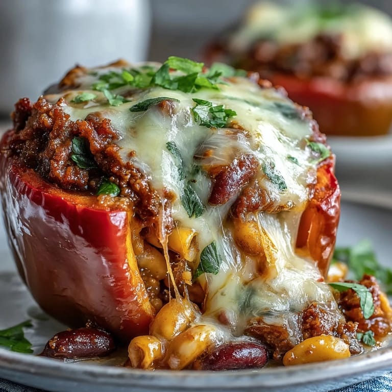 Hearty, high-protein chili mac stuffed peppers fresh from the oven, garnished with parsley.