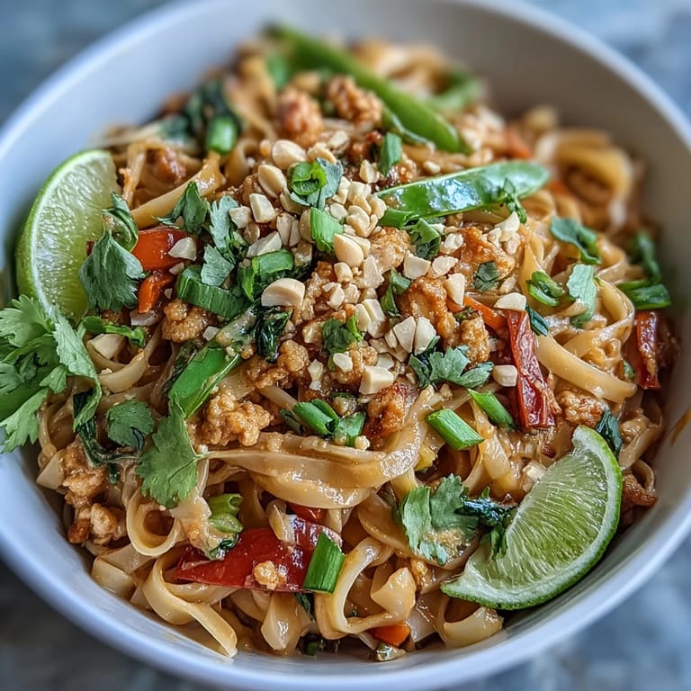 A close-up of Creamy Thai-Inspired Peanut Noodle Bowls with snap peas and red peppers coated in rich peanut sauce.