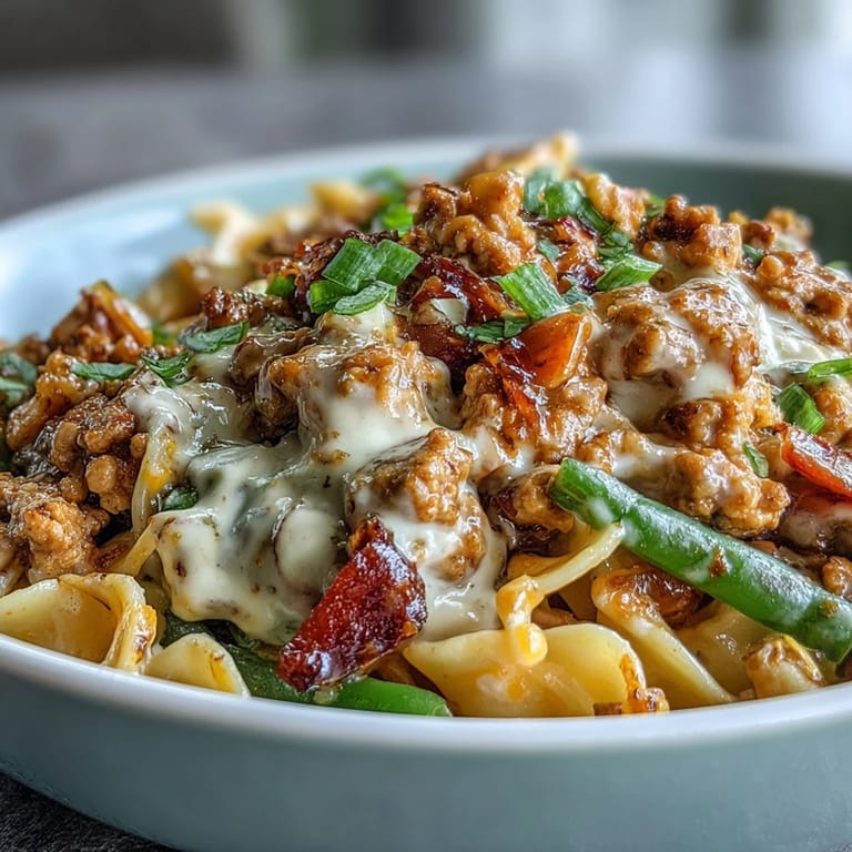 Spoon lifting a creamy serving of Creamy Ranch Turkey & Veggie Skillet from a cast-iron pan, revealing tender bell peppers, corn, and melted cheddar cheese.