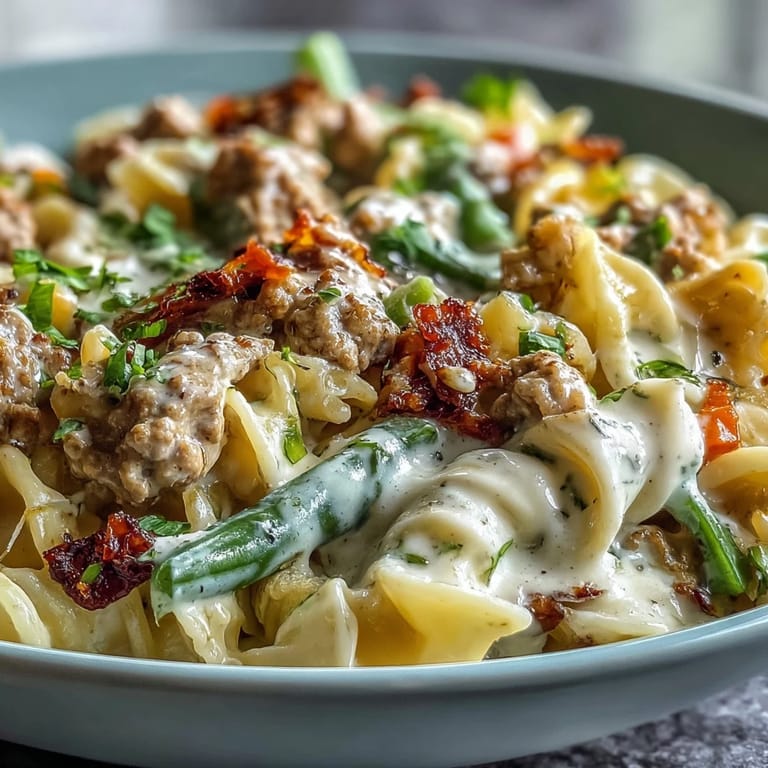 A white bowl filled with Creamy Ranch Turkey & Veggie Skillet served over fluffy pasta, garnished with fresh parsley and a side of grated parmesan.