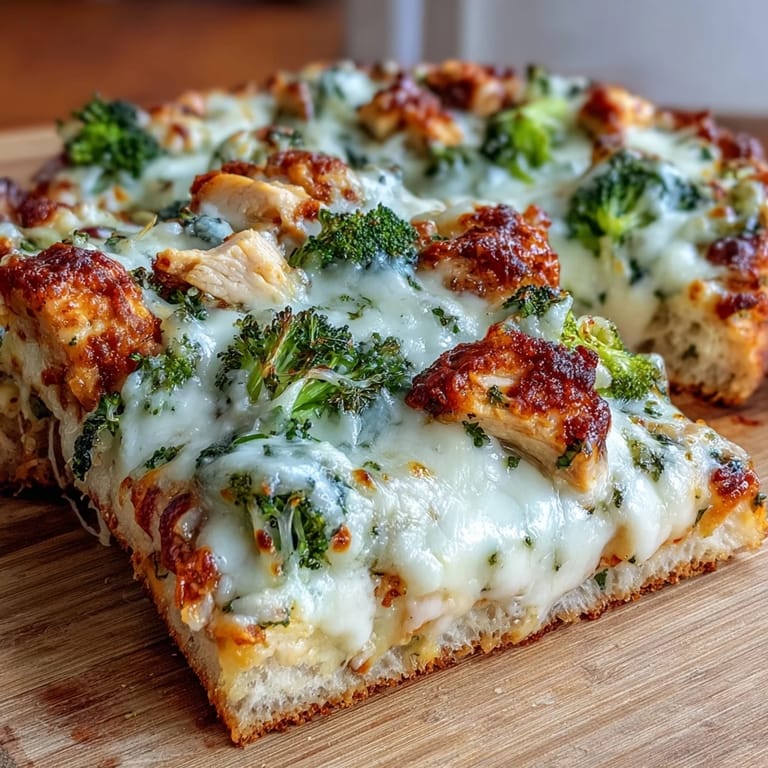 Freshly baked Garlic Parmesan Chicken & Broccoli Pizza topped with herbs, ready for a family dinner.