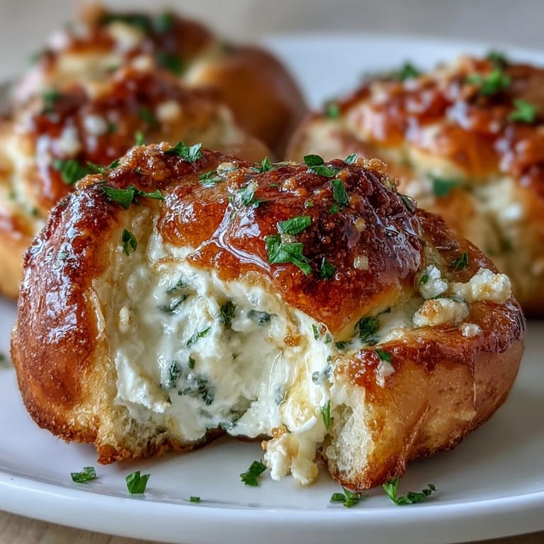 Golden brown Hot Honey Ricotta Stuffed Garlic Knots served warm on a wooden platter, topped with fresh parsley and chili flakes.